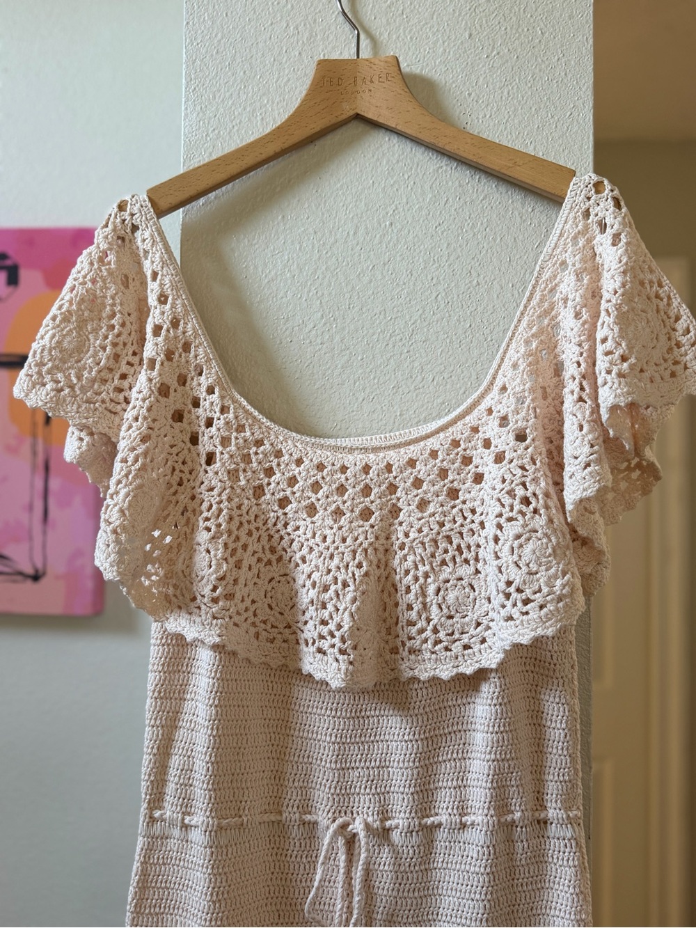 Spell Iluka Crochet Organic Cotton Maxi Dress Blush Pink Off Shoulder Boho Small - Picture 15 of 17